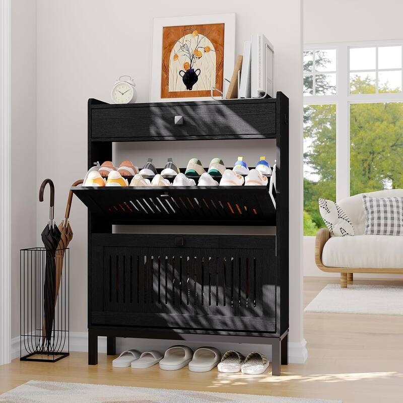 Freestanding 2 Flip Drawer Shoe Cabinet Organizer for Entryway, Hallway, Living Room