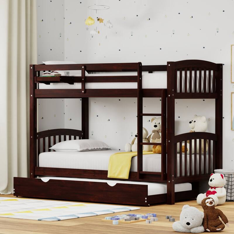 Arca Wood Twin Over Twin Bunk Bed, Hanging Nightstand, and Trundle - Espresso