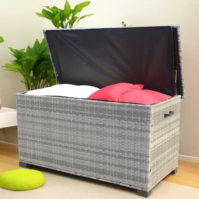 ​​Gray Modern Wicker Storage Box with Zippered Liner, 4 Wooden Legs and Lid for Patio Poolside and Garden