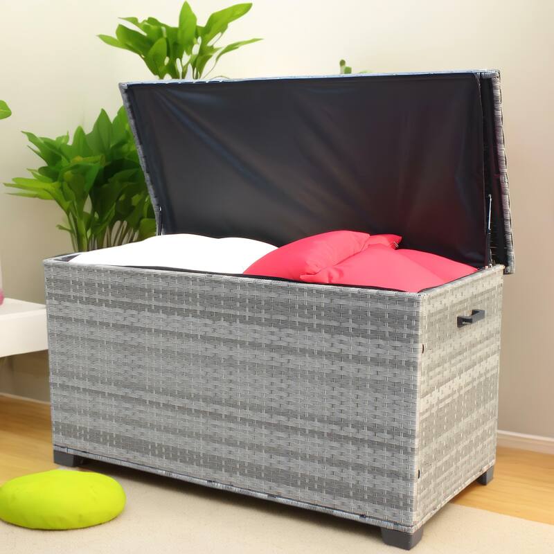 Wicker Patio Furniture Storage Box Large Storage Box Bench Heavy Duty Storage Box with 2 Handles Built-in Dustproof Inner Bag - Grey