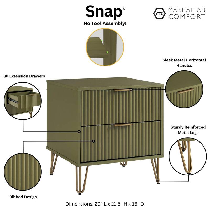 Manhattan Comfort Dumbo Mid Century Nightstand with 2 Drawer and Metal Feet.