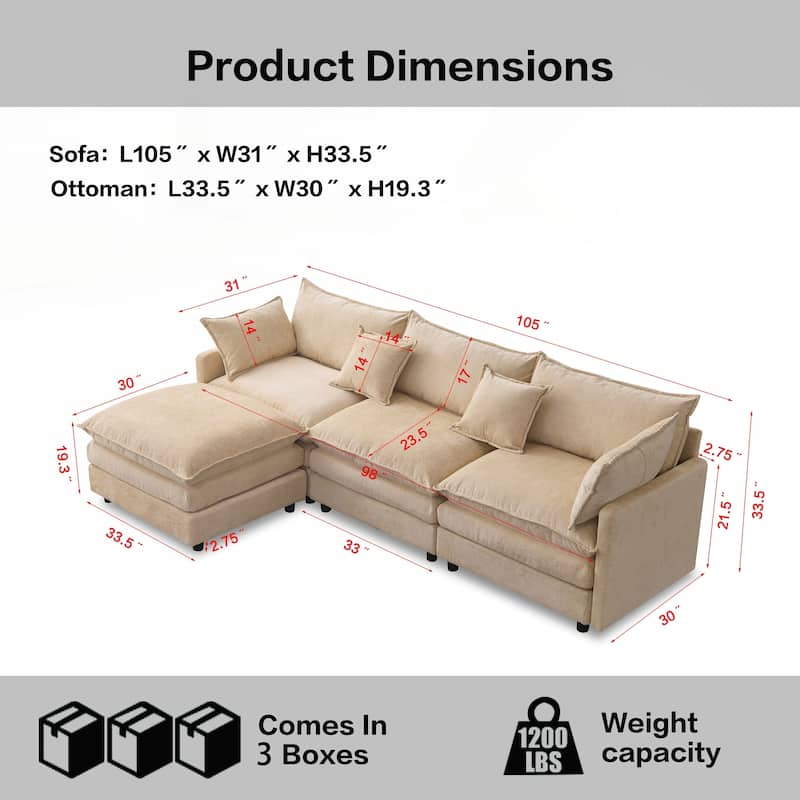 Upholstered Soft Chenille Fabric Sofa,3 Seater with Ottoman L Shape Sofa