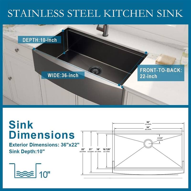 36 in. Matte Black Stainless Steel Kitchen Sink Single Bowl，5-piece