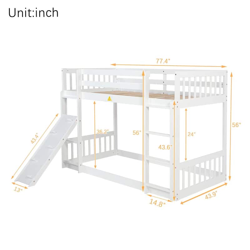 Fun Twin Over Twin Floor Bunk Bed with Climbing Ramp & Ladder, Durable Pine Wood Frame