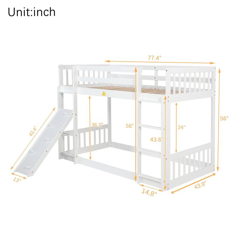 Twin Over Twin Floor Bunk Bed with Climbing Ramp and Ladder, Pine Wood Playhouse Bed with Safety Guardrails for Kids