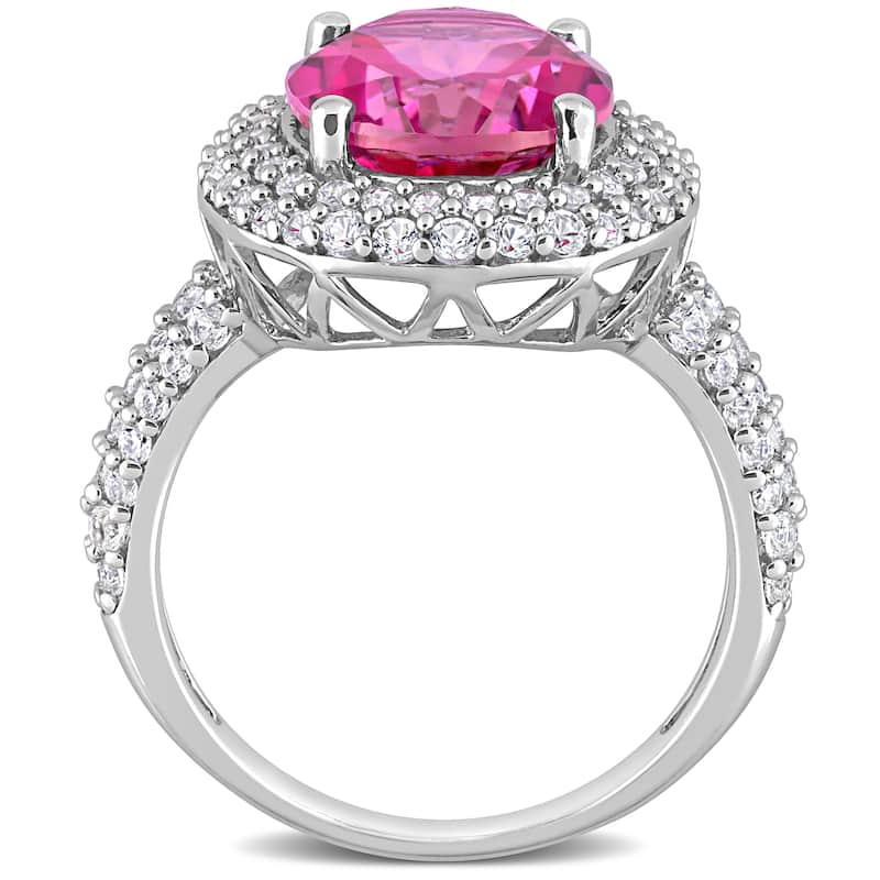 Miadora Oval-cut Pink Topaz and Created White Sapphire Double Halo Cocktail Ring in Sterling Silver