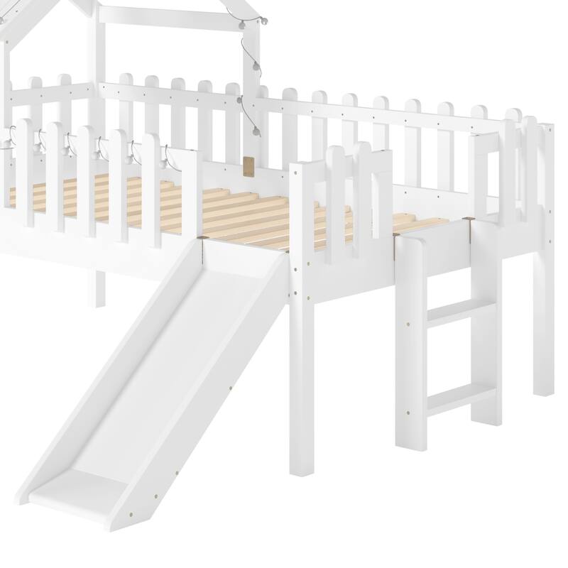 Twin Size House Loft Bed with Slide,Playhouse Bed with Star Moon-shaped Designs and Window, Chic Design with LED Lights