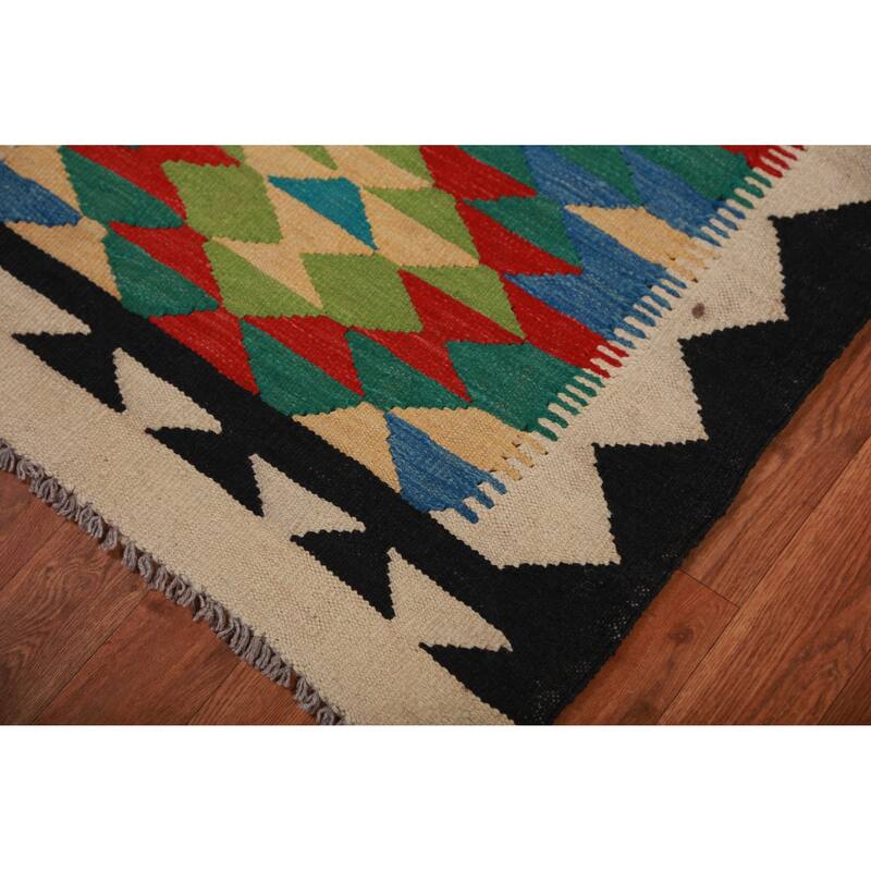 Hand Woven Oriental 100% Wool Carpet Southwestern Geometric Multi-Colored Kilim Runner Rug - 12' 8'' X 2' 8''