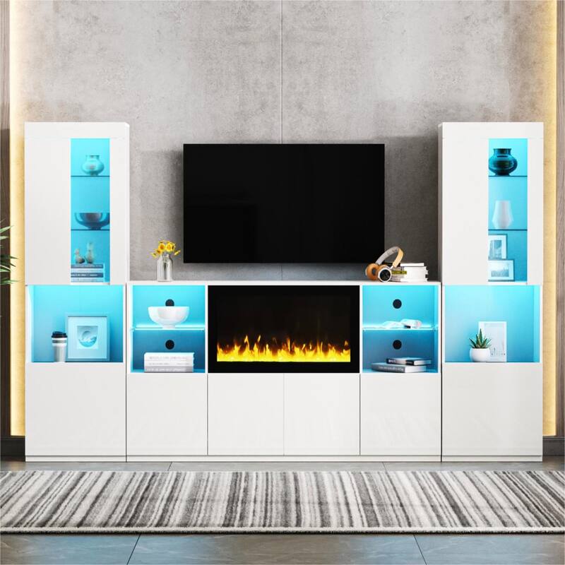 LED High Gloss TV Stand Display Cabinet Set with Glass Shelves, 111" TV Media Storage Console with Electric Fireplace