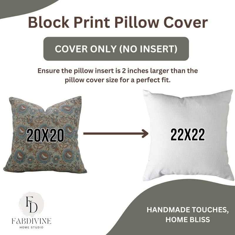 Fabdivine Thick Linen Cushion Cover for Sofa, Chair, Dining or Bedroom Blue Hand Block Print Throw Pillowcase, Sun Flower