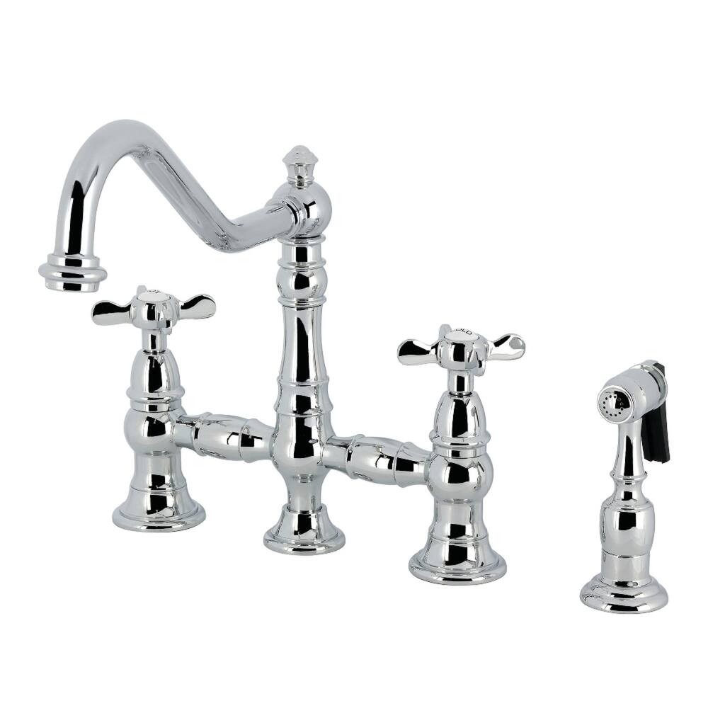 Kingston Brass Essex Two-Handle 4-Hole Deck Mount Bridge Kitchen Faucet with Brass Side Sprayer