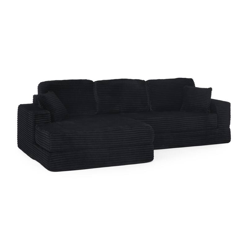 Modern Corduroy L-shaped Sectional Sofa with Chaise Expanded into Queen Size Floor Bed Comfy Compressed Sofa Couch