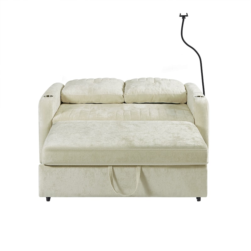 53.9" Chenille Convertible Loveseat with Pull-Out Bed, 3 USB Ports, and Smart Storage
