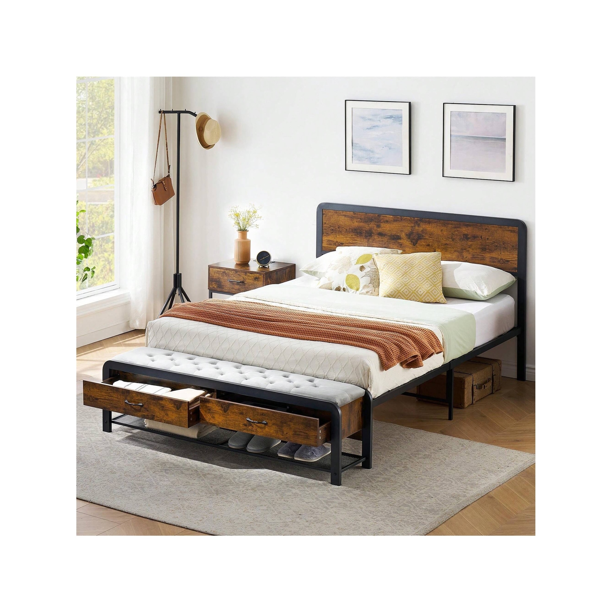 Bed Frame with Headboard,Flannel Stool and 2 Storage Drawers