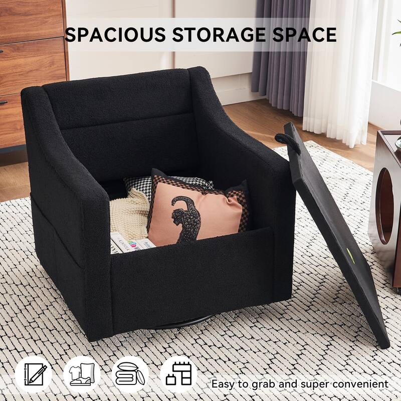 Teddy Upholstered Swivel Accent Chair, Single Sofa Chair with High Backrest, Lounge Armchair with Metal Base & Side Pocket