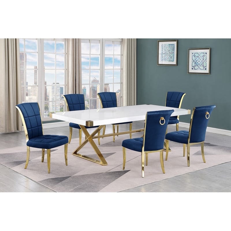 Best Quality Furniture D442/3-SC320-7 Dining Set with 94" White Lacquer Wood Top