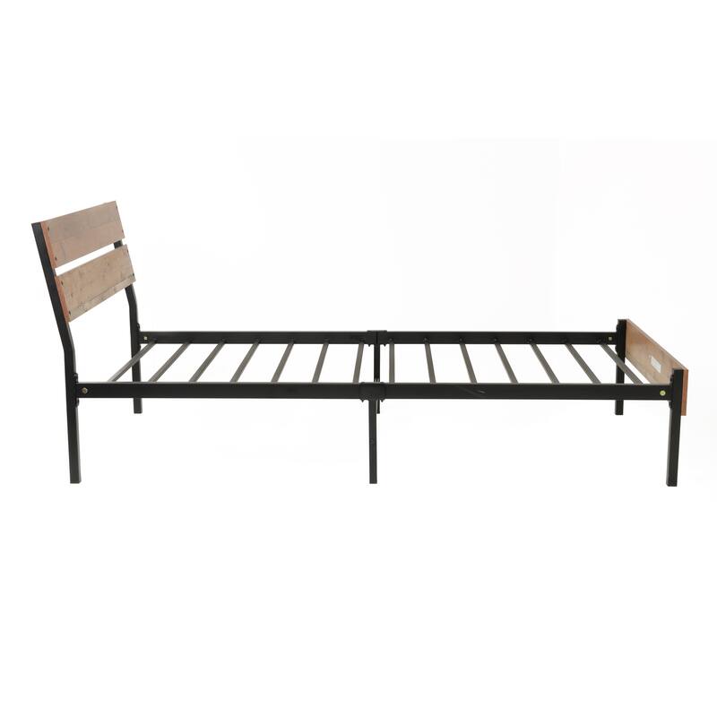 Twin Bed Frame Metal & Wood Style - Rustic Bed with Storage & Sturdy Base