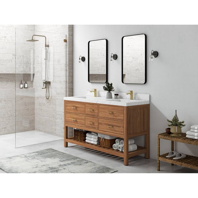 Willow Collections 60 in. W x 22 in. D Parker Solid Teak Double Sink Bathroom Vanity with Countertop