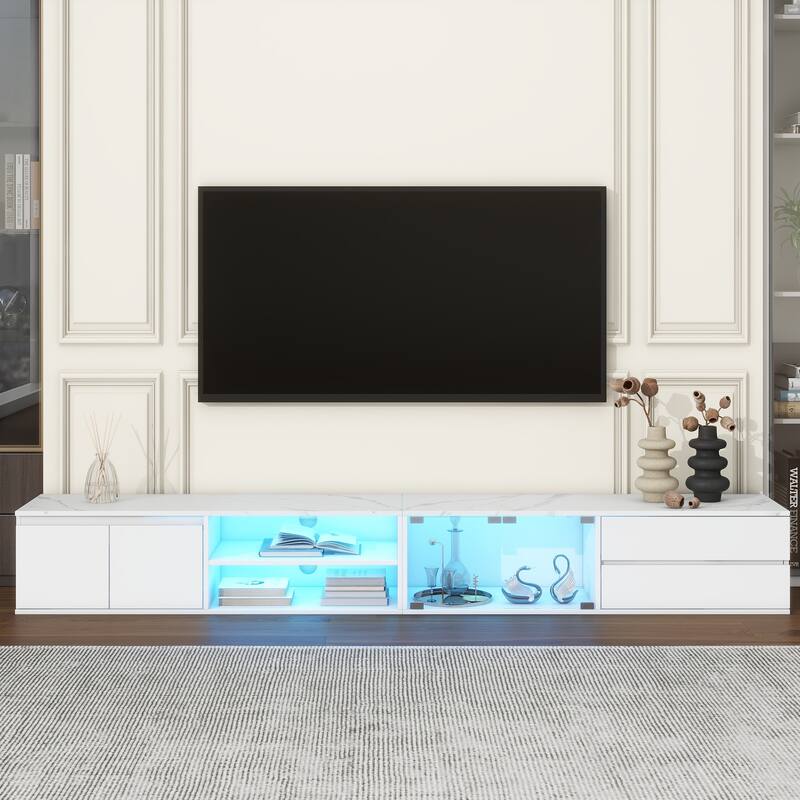 Faux Marble TV Stand with LED Lights for TVs up to 105", Tempered Glass Doors & 2 Drawers, APP Controlled Media Console