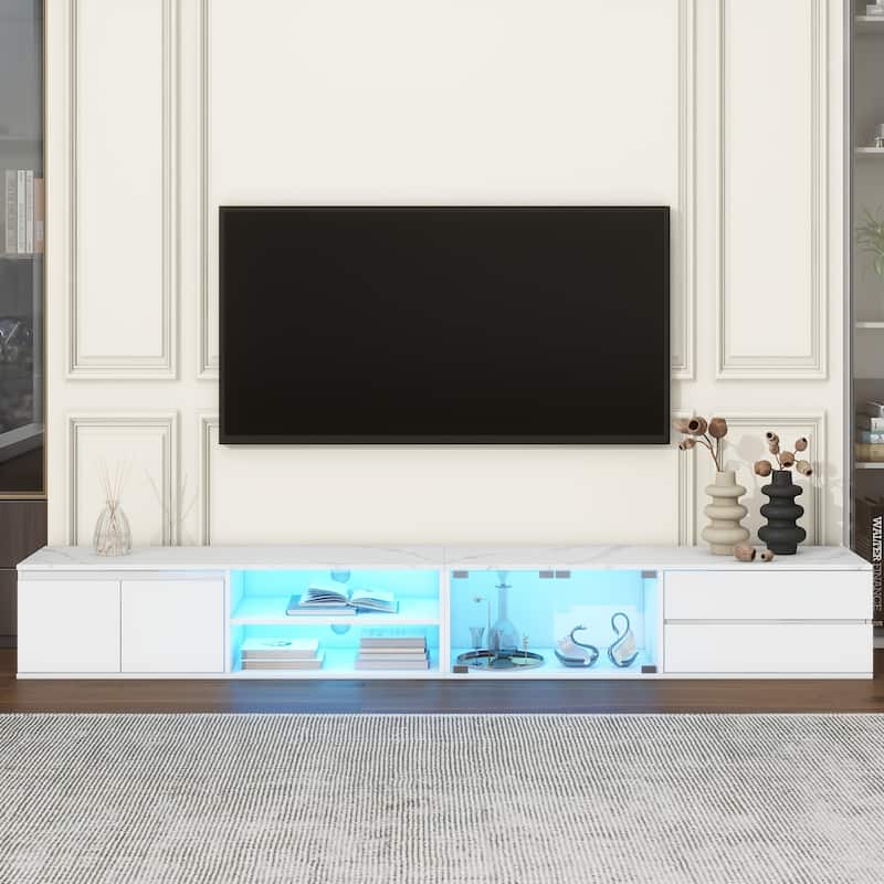 TV Stand for TVs up to 105", Modern Faux Marble Media Console with LED Lights, Tempered Glass Doors, 2 Drawers, Cabinets