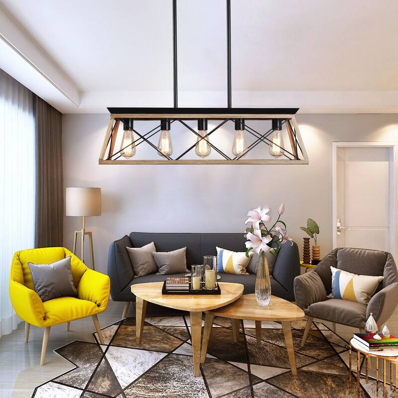 Cusp Barn 5-Light Chandelier,Rectangular Pendant Light,Modern Ceiling Light,Farmhouse Lamp with Adjustable Downrod for Indoor - Oak