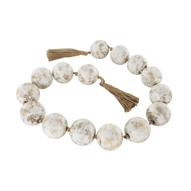 Mango Wood Handmade Round Extra Long Washed Orb Garland with Tassel - Brown, Black or White - Roche River Decor