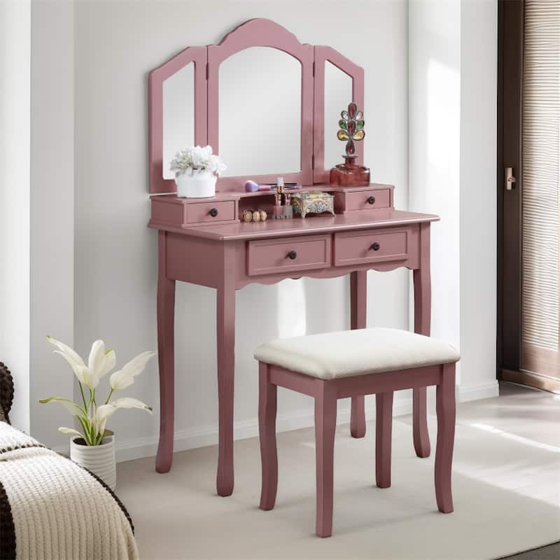 Wooden Vanity Make Up Table and Stool Set - Rose Gold