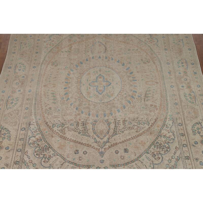 Floral Tabriz Persian Area Rug Beige Handmade Wool Carpet - 7'9"x 11'1"