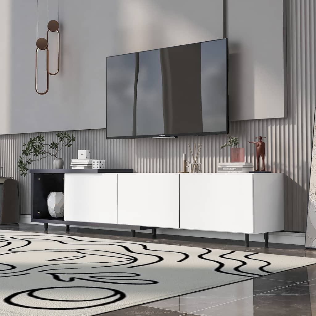 White Modern Extendable TV Stand with 3 Drawers & Shelf for TVs Up to 80"