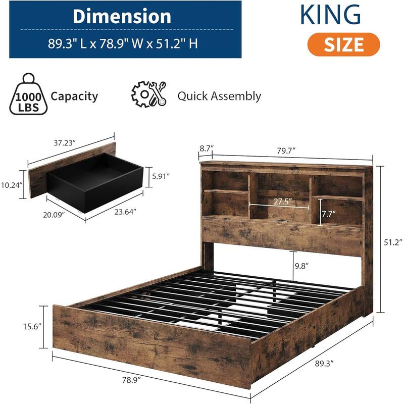 Bed Frame with High Storage Headboard, 4 Drawers, Charging Station & Wood Slats, No Box Spring Needed