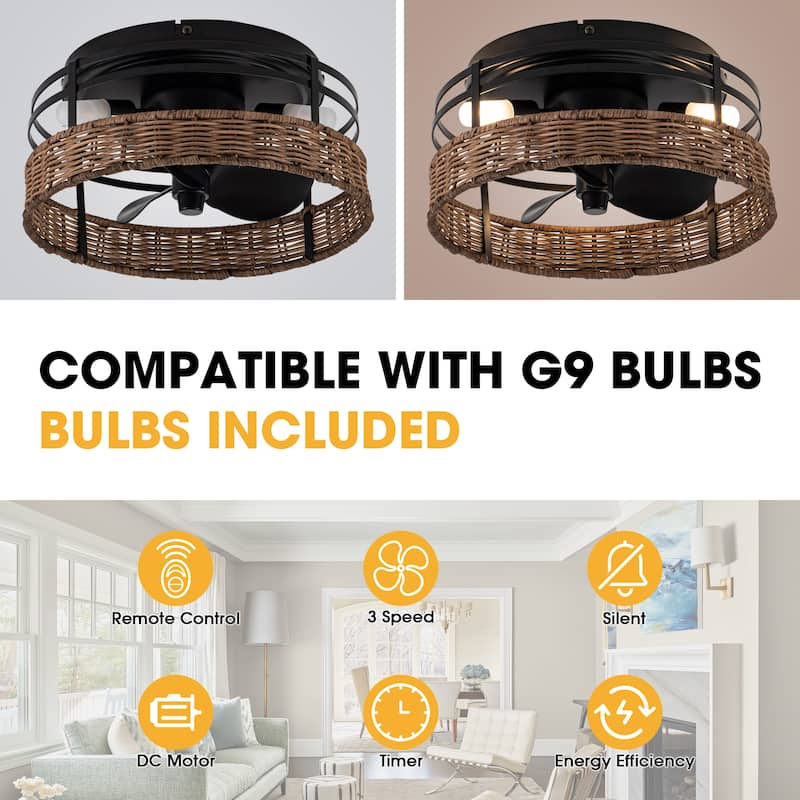 Farmhouse Black 3-Blade Rattan Small Flush Mount Ceiling Fan with Remote - 12.5-in W