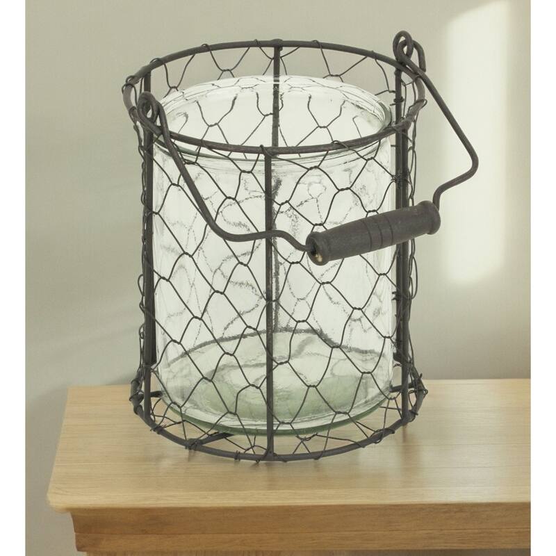 HomeRoots 6" Brown and Clear Wire Basket and Glass Jar - 6' X '6.5' X '6 - 6' X '6.5' X '6