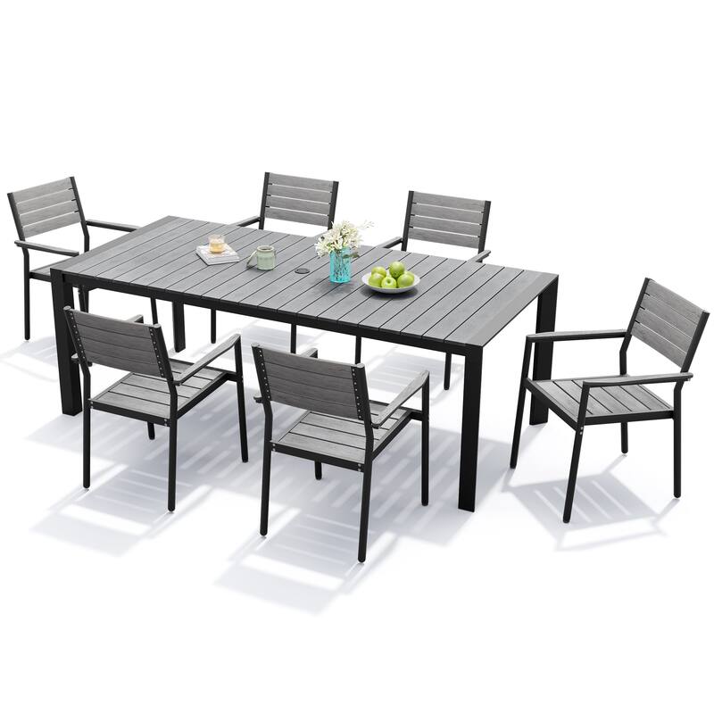 7-Piece Outdoor Patio Dining Set Rectangle Dining Table with Umbrella Hole and Stackable Chairs - Grey