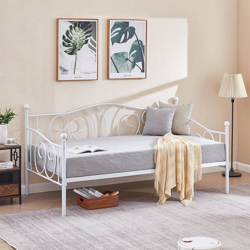 VECELO Metal Twin Size Daybed with Roman Column Legs Scroll Design Heavy Duty 350 lbs Capacity Sofa Bed for Living Room