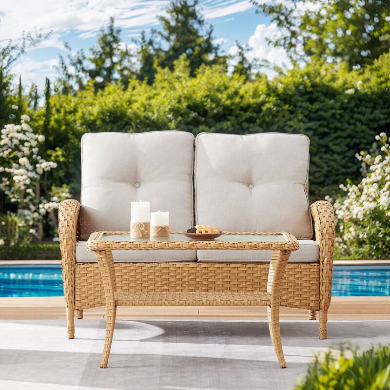 Gymojoy Outdoor Wicker Loveseat with Coffee Table and Outdoor Cushions