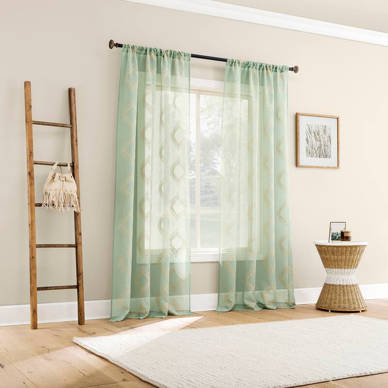 No. 918 Ravenna Embroidered Medallion Sheer Rod Pocket 1-Piece Curtain Panel, Single Panel