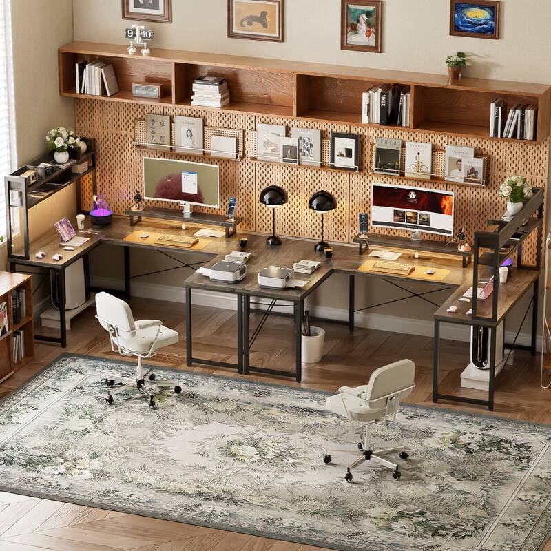 75'' DIY U-Shaped Desk with Hutch, Reversible Office Desk with Power Outlets and LED Strip