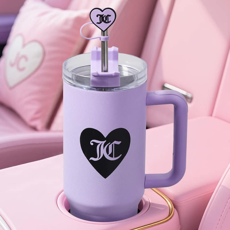Juicy Couture Jetsetter Hydration Stainless Steel Tumbler with Handle and Straw With Topper