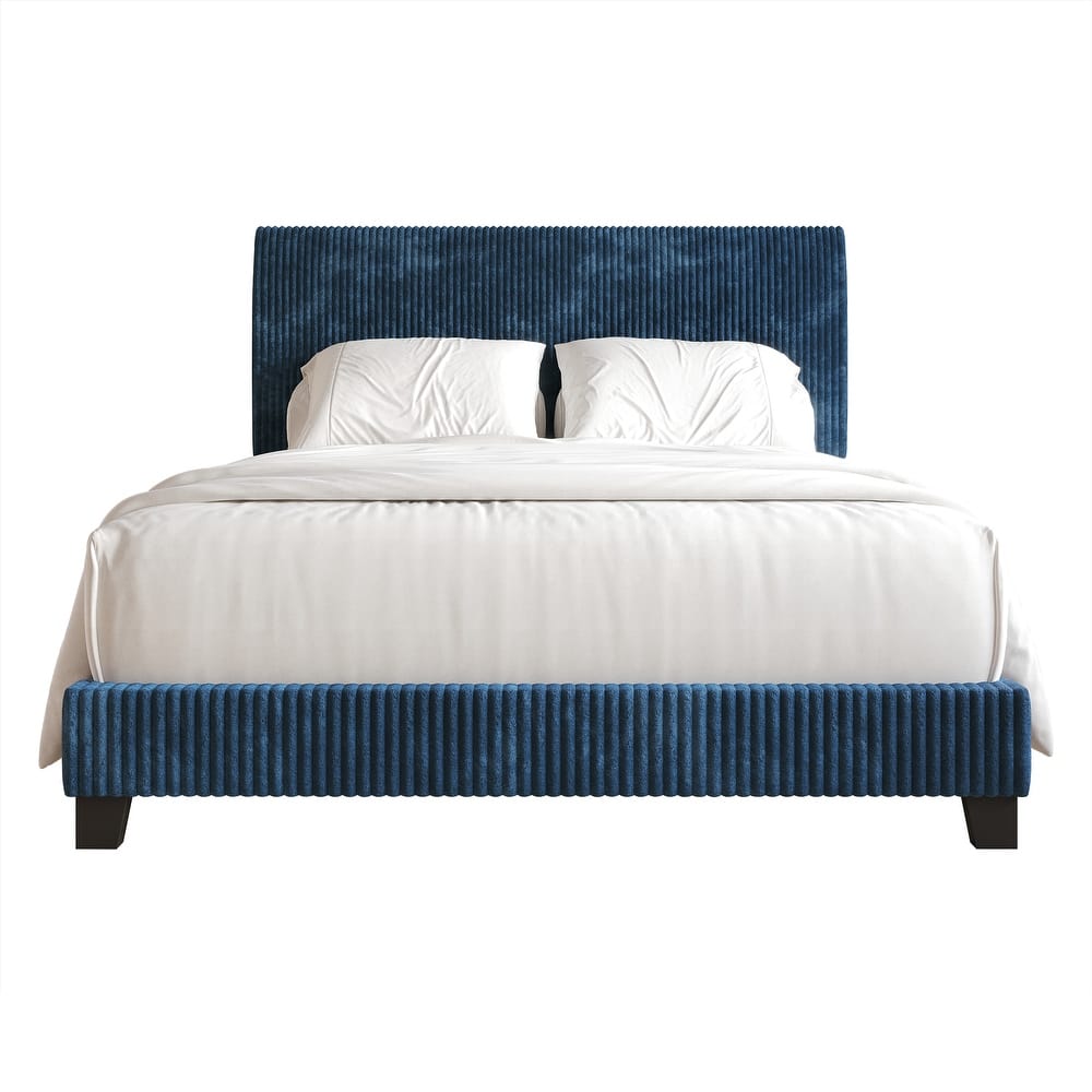 CraftPorch Corduroy 4-pieces Mid-Century Modern Navy Blue Bed with Light Grey Furniture Bedroom Set