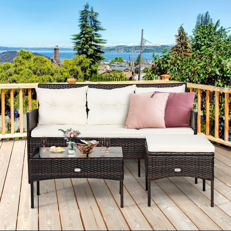 Costway 3PCS Patio Rattan Furniture Set 3-Seat Sofa Cushioned Table - See details