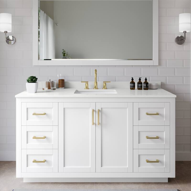 Wyndham Collection WCF292960S-QTZ-US3M58 Miranda 60" Free Standing - White / White Quartz Top / Brushed Gold Hardware