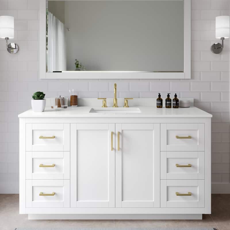 Wyndham Collection WCF292960S-QTZ-US3MXX Miranda 60" Free Standing - White / White Quartz Top / Brushed Gold Hardware
