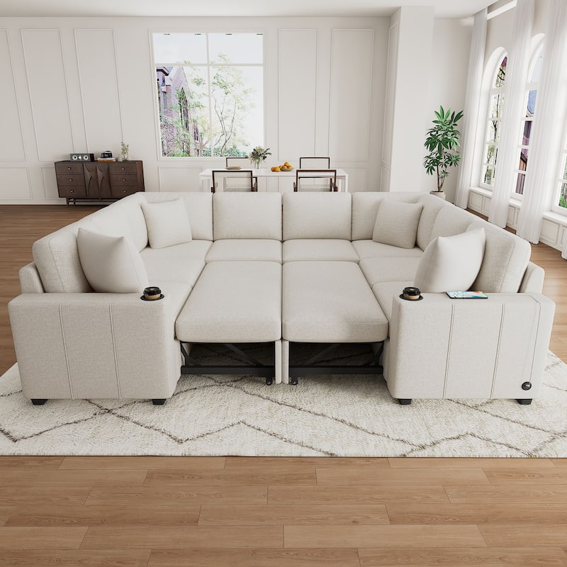 Convertible Sectional Sofa with Pull-out Sofa Bed and Dual Cup Holders