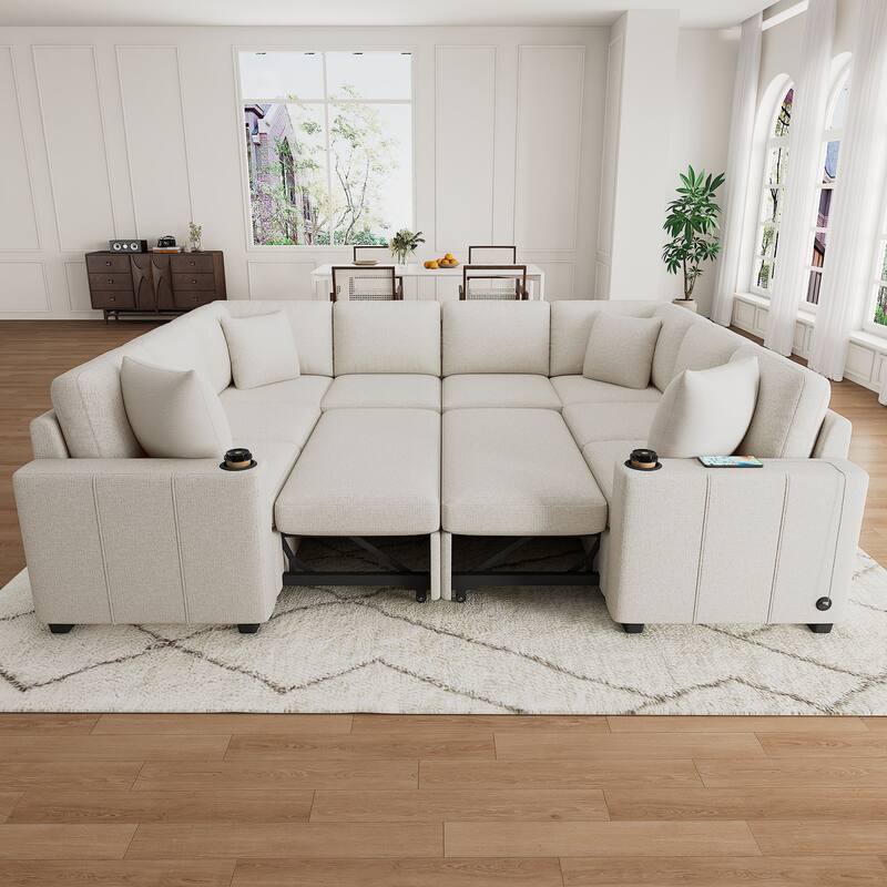 Oversized Sectional Sofa Bed Convertible Daybed Pull-out Sofa Bed U-shape Sleeper Couch Built-in USB Charging Ports & Cup Holder - Beige