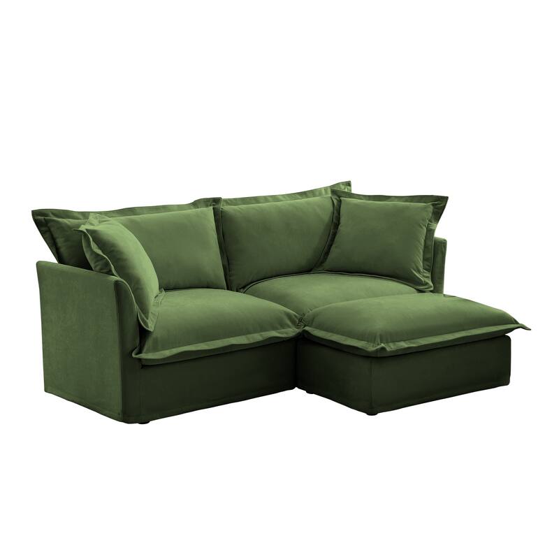 Modern 2 Seater Upholstered Sofa with 1 Ottoman and 2 Pillows - Green,Chenille