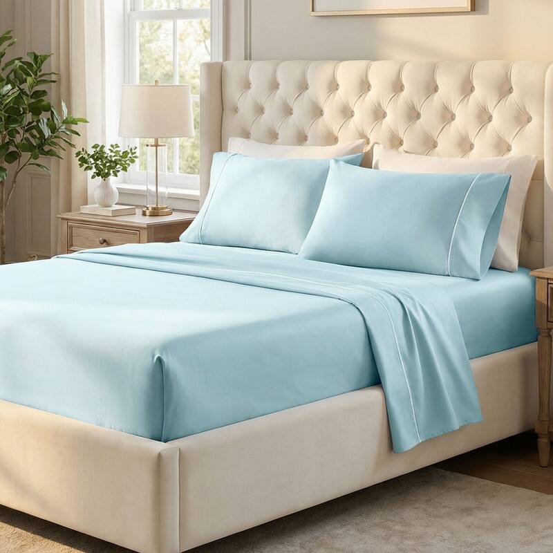 Superior Egyptian Cotton 650 TC Embroidered Deep Pocket Sheet Set - Queen - Baby Blue
