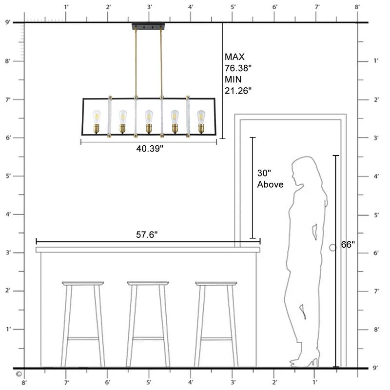 5-Light Linear Kitchen Island Pendant Light Textured Glass Panels - Dia.40.39-in