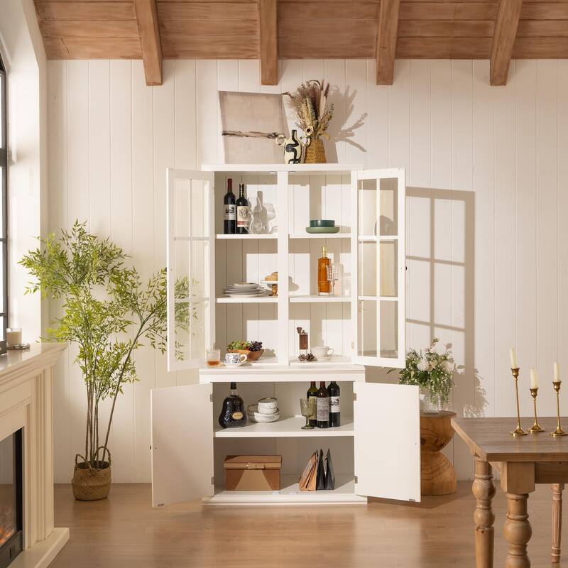 75.25" Traditional Cabinet - Double Glass Door Display Hutch for Dining Room, Living Room - Classic Style Collection Showcase