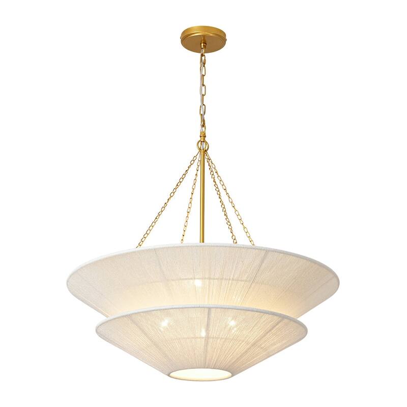 Woven Ivory String 2-Tier Round Shallow Cone Cage Chandelier Brass - 30 Inches