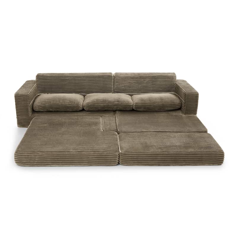 Modern Minimalist L-shape Sectional Sofa with Chaise Lounge Corduroy Compressed Folding Couch Convertible into Floor Bed